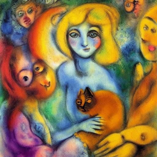Woman and Cats in Whimsical Expressionist Style