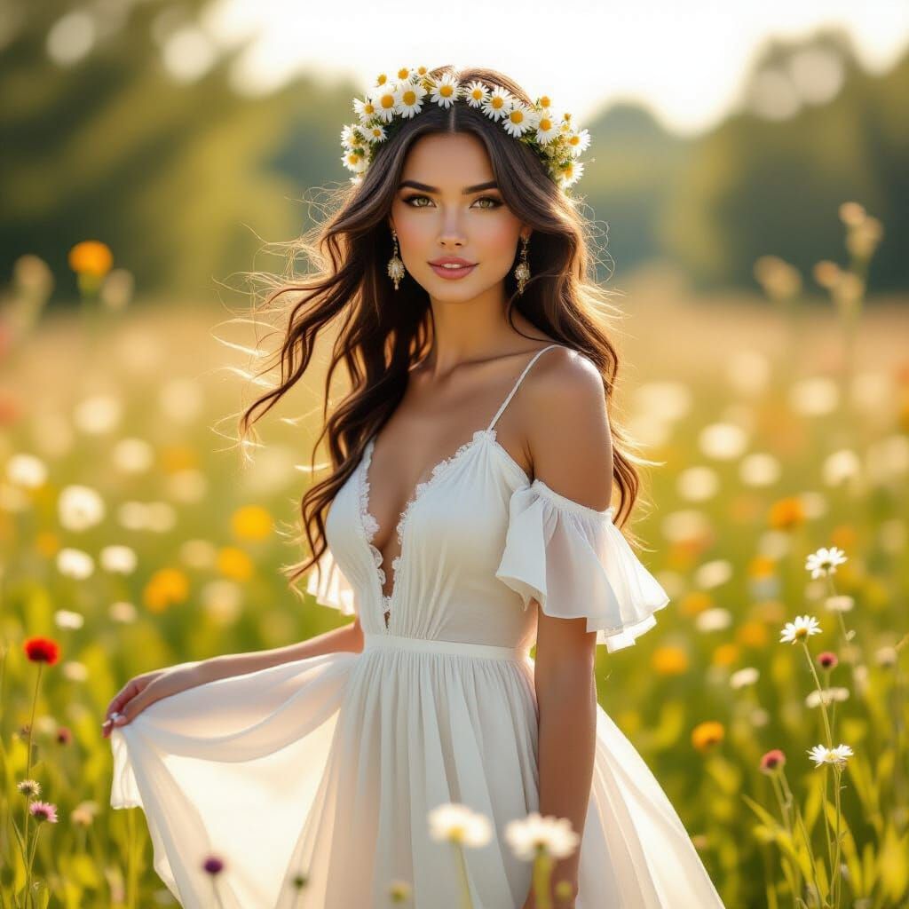 Woman with Daisy Crown in Watercolor Sfumato Style