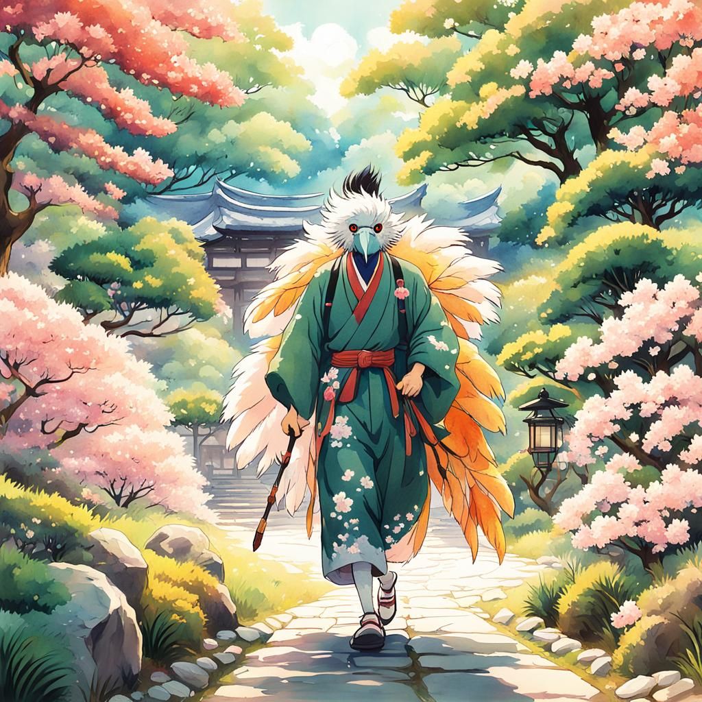 Studio Ghibli Inspired Bird Man in Japanese Garden