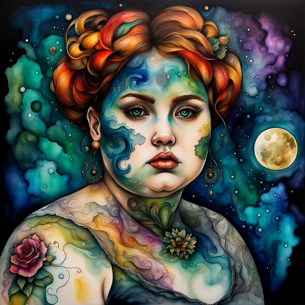 Surreal Tattooed Woman in Oil Paint Style