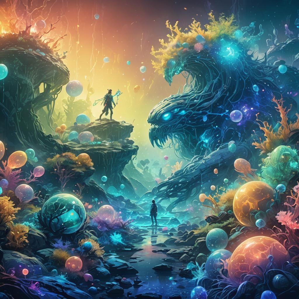 Bioluminescent Fantasy Scene in Neon Ink Splatter Style