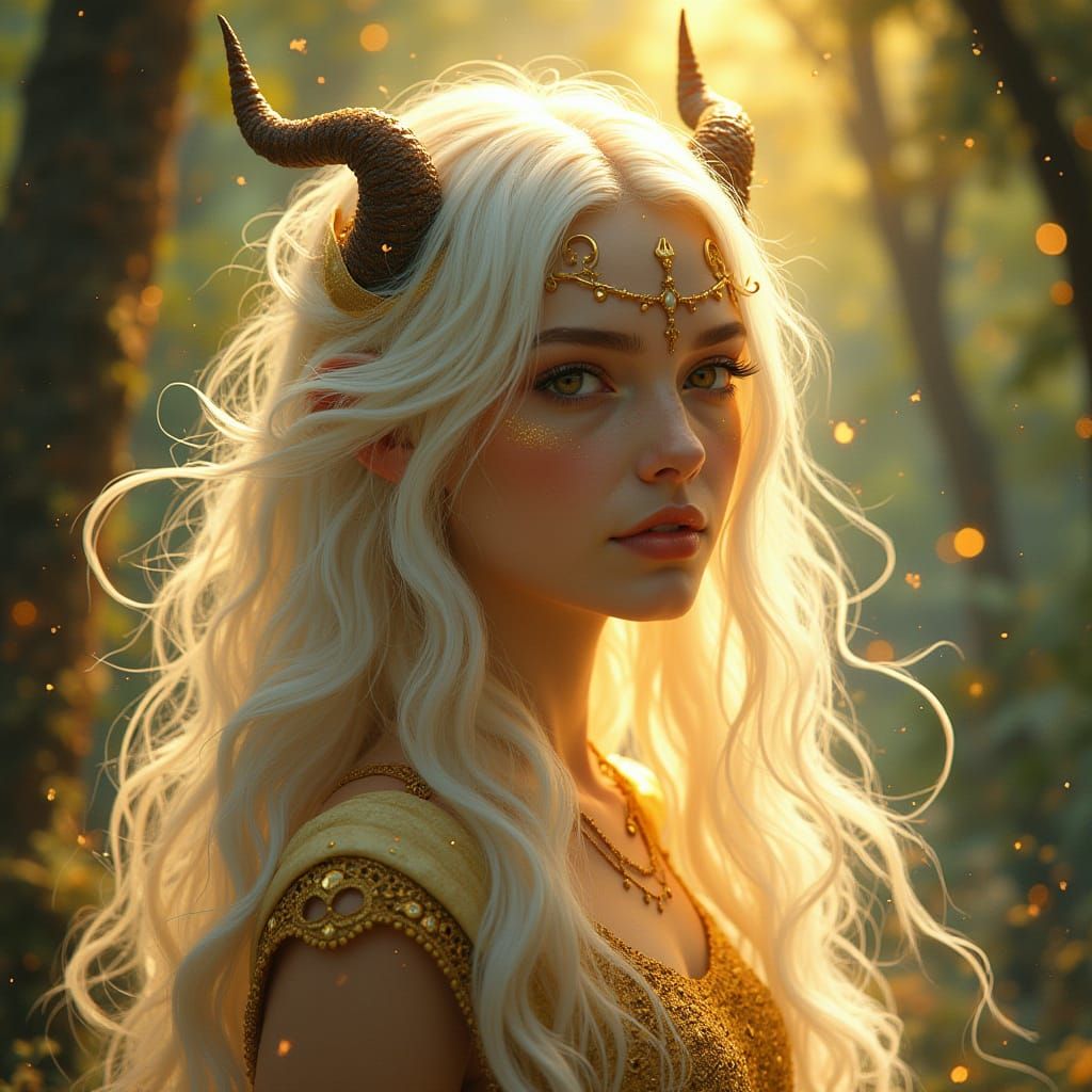 Ethereal Celestial Goddess in Golden Forest with Astral Ligh...