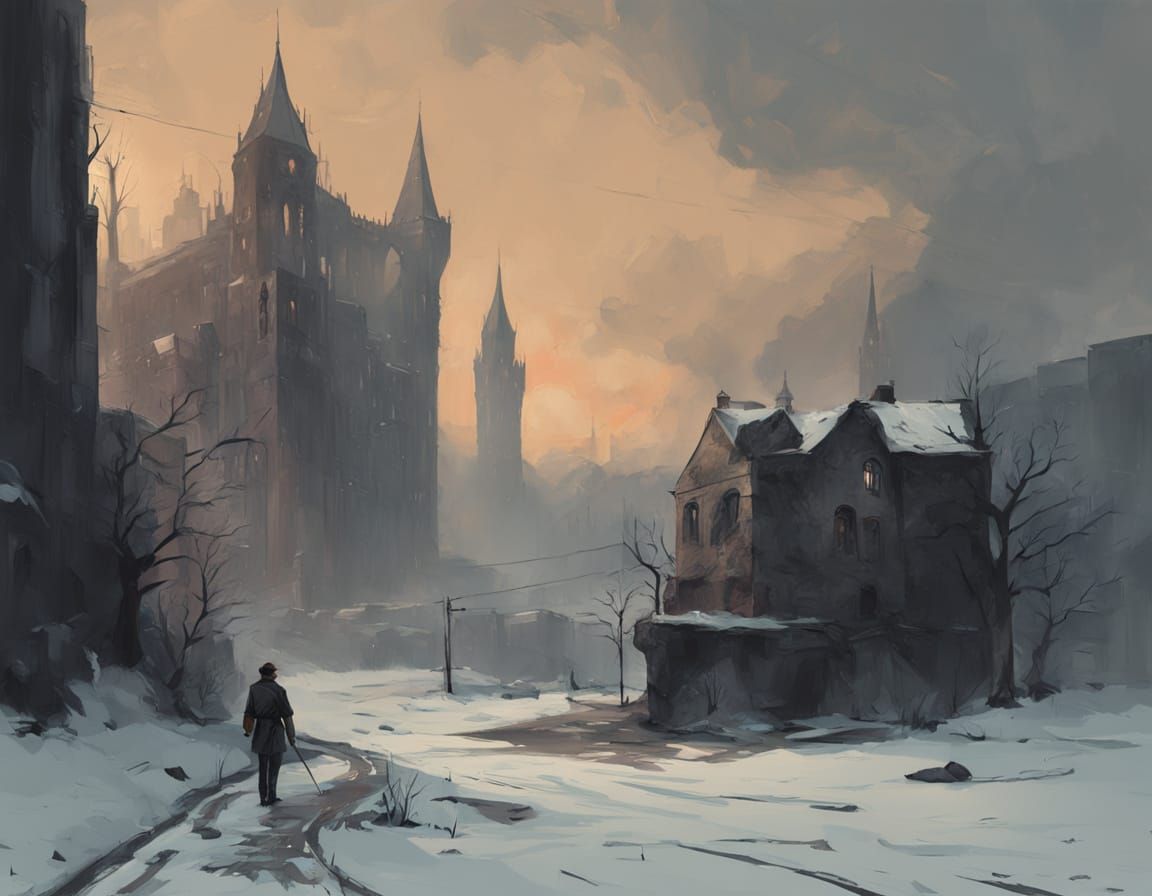 Colossal Decaying Citadel in Snowy Twilight Landscape
