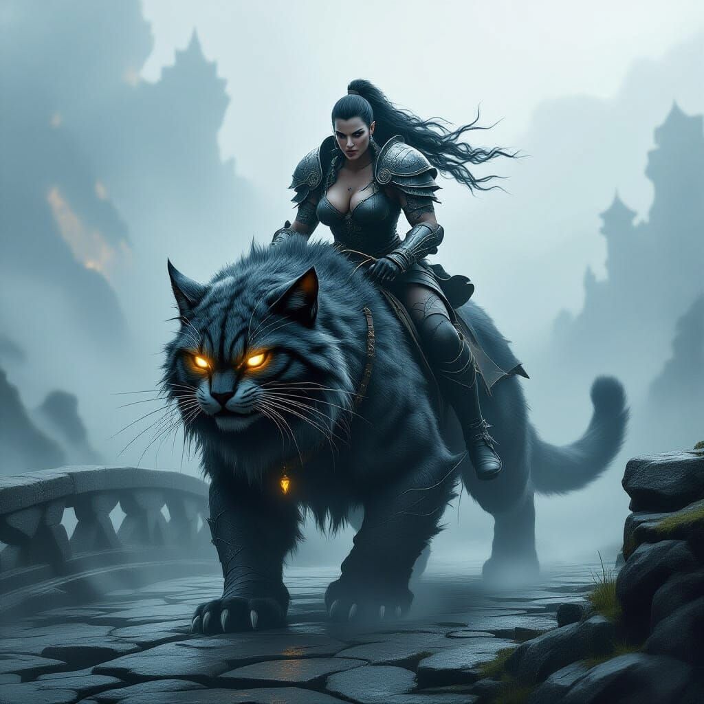 Troll Warrior Rides Giant Cat on Misty Bridge