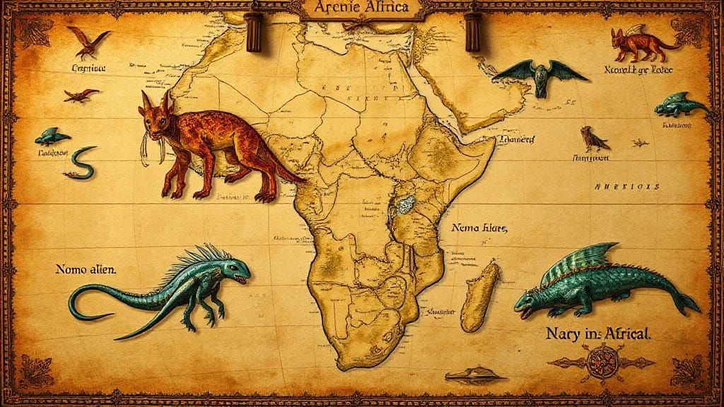 Ancient Africa Map with Nomo Aliens in Antique Cartography S...