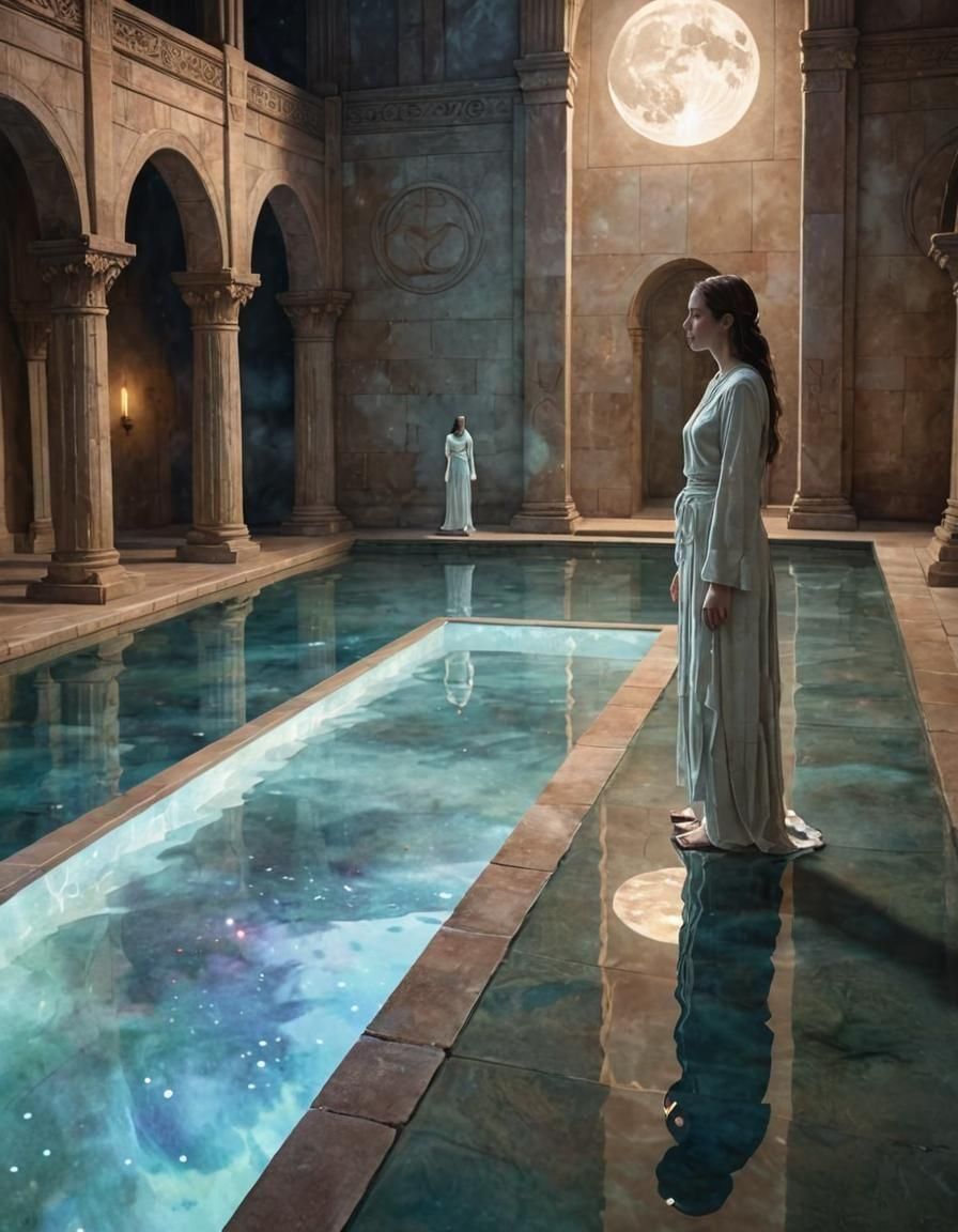 Surreal Moonlit Temple with Reflecting Pool and Celestial Sy...