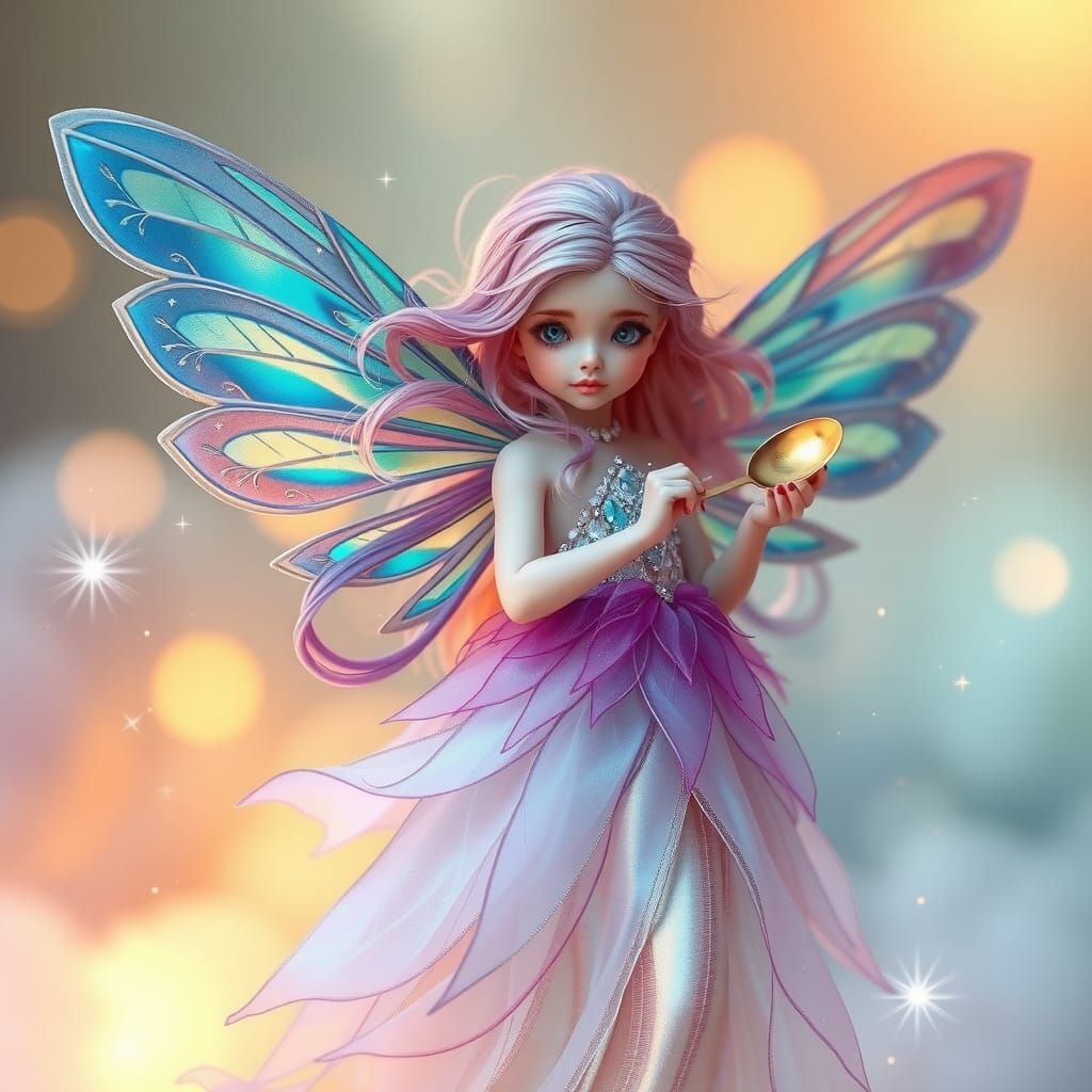 Ethereal Fairy with Golden Spoon in Surreal Landscape