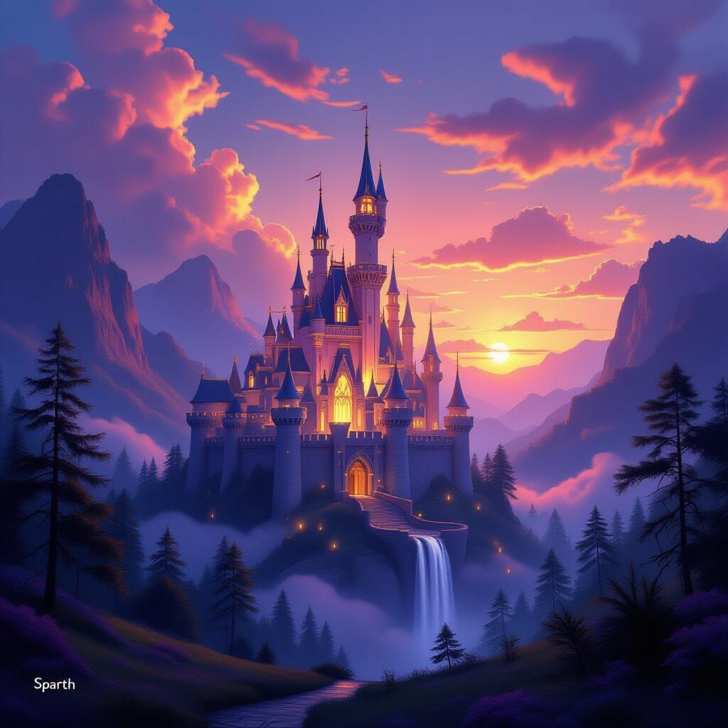 Ethereal Castle in Luminescent Valley at Sunset