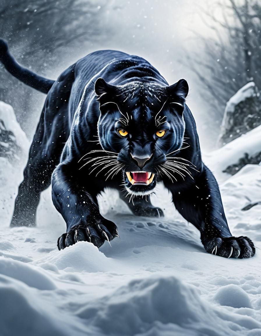 a black panther prepares to attack lying on the white snow