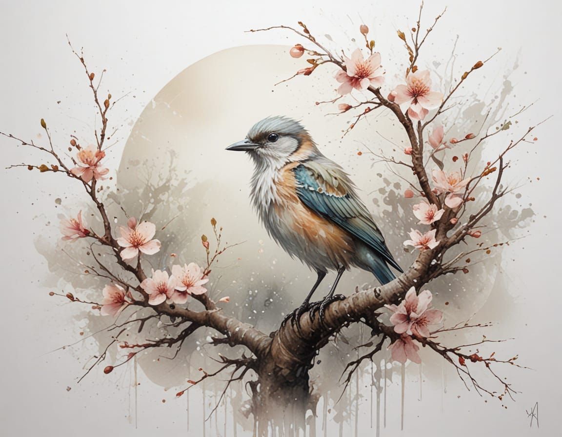 Pastel Bird on Branch Above Reflective Water