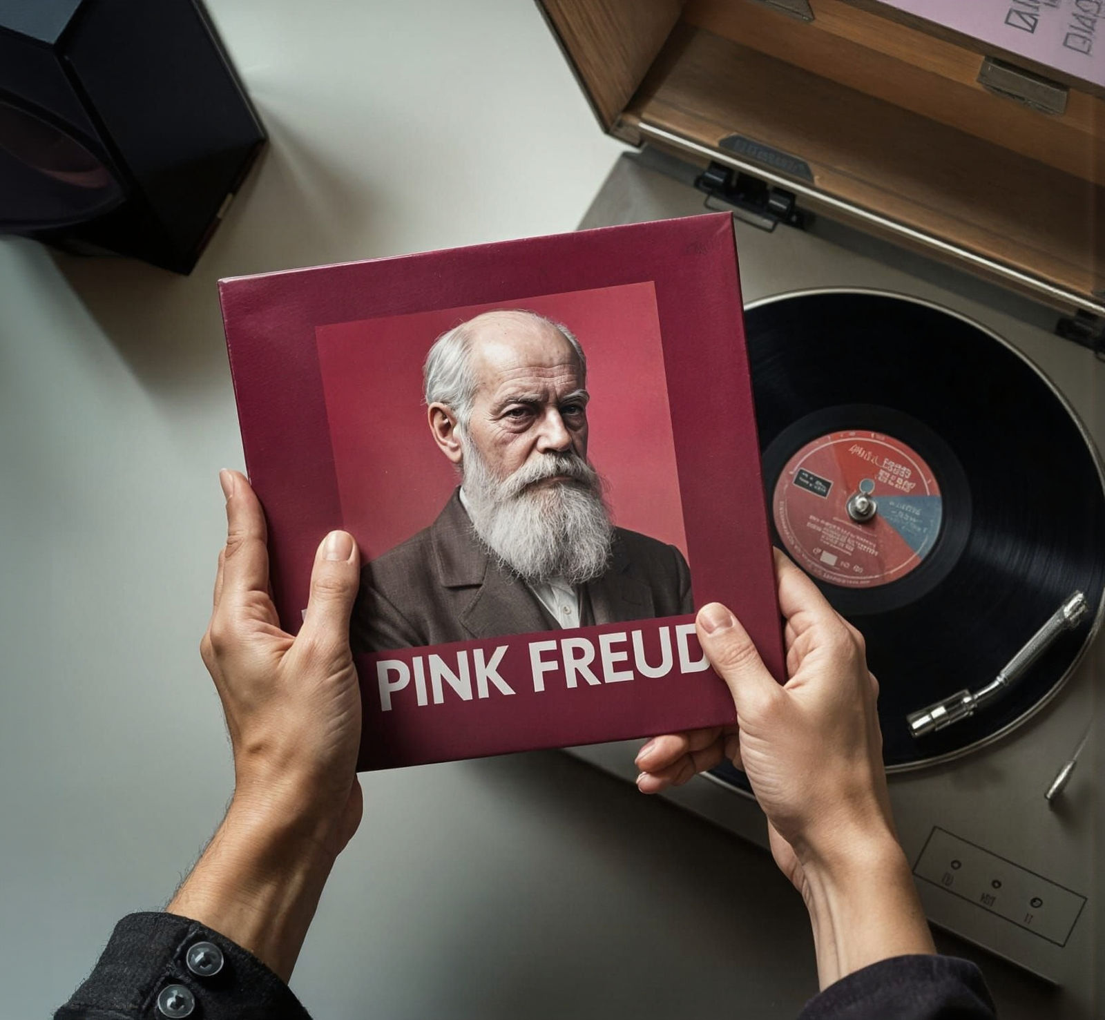 Pink Freud LP Record on Turntable, Hyperrealistic