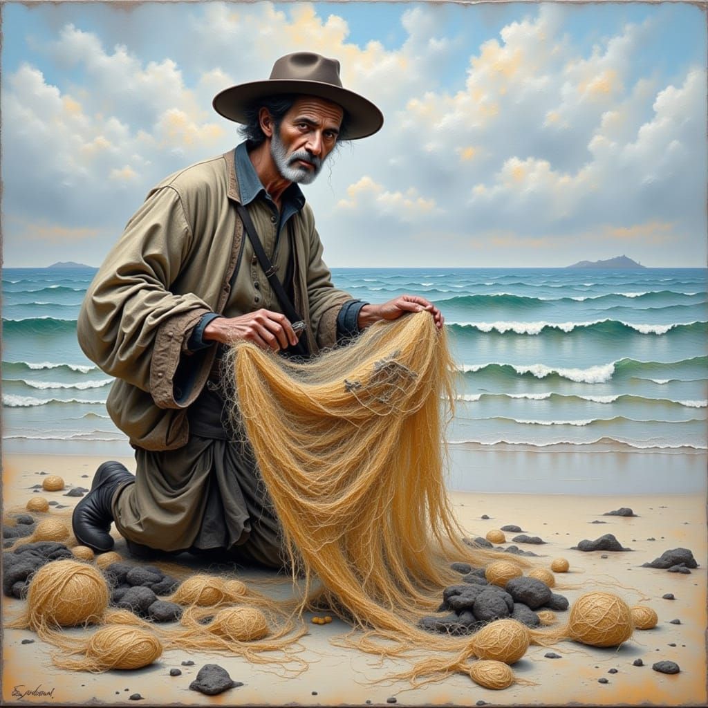 Old Man Mending Nets on a Beach