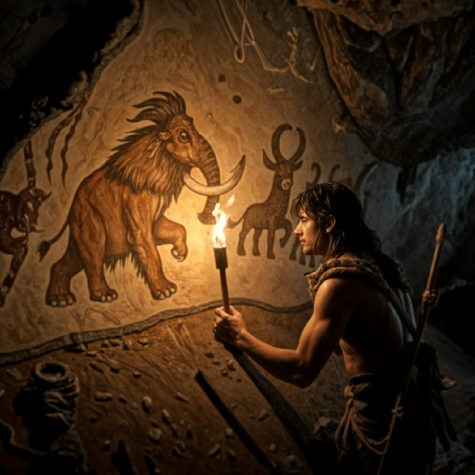 Prehistoric Artist Creates Mammoth Hunt Cave Painting