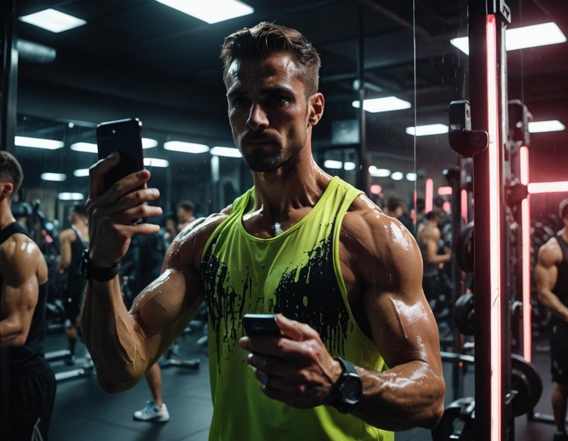Man's Gym Selfie in Cinematic Lighting
