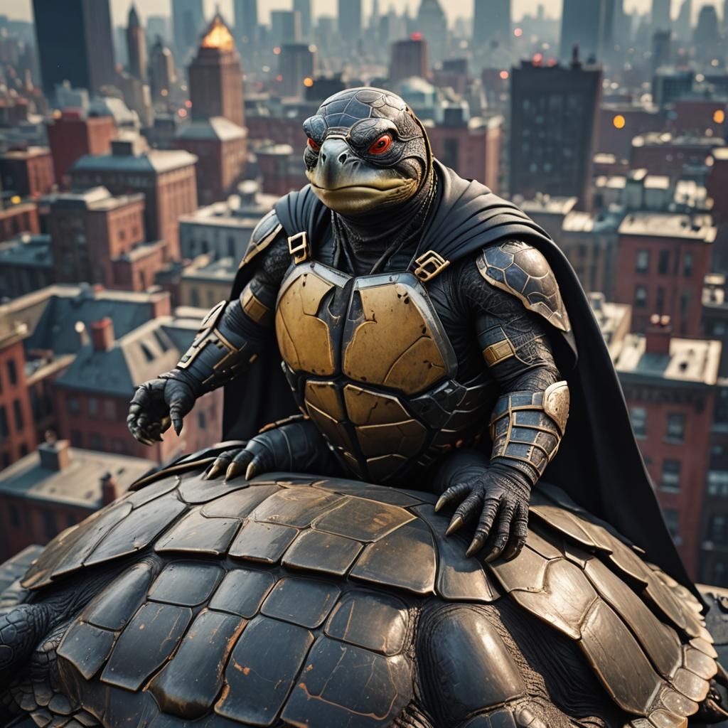 Turtle as Batman on City Roofs