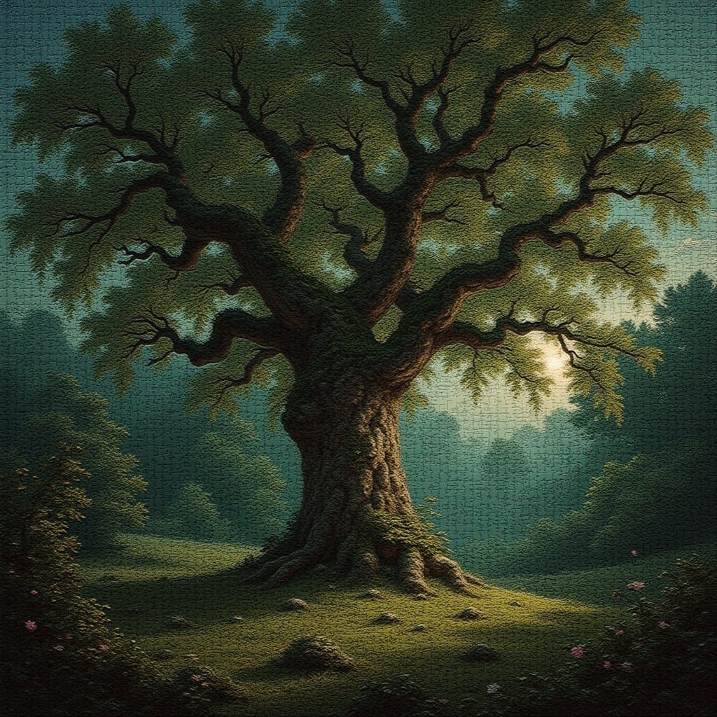 Ancient Oak in Mystical Forest Clearing Twilight