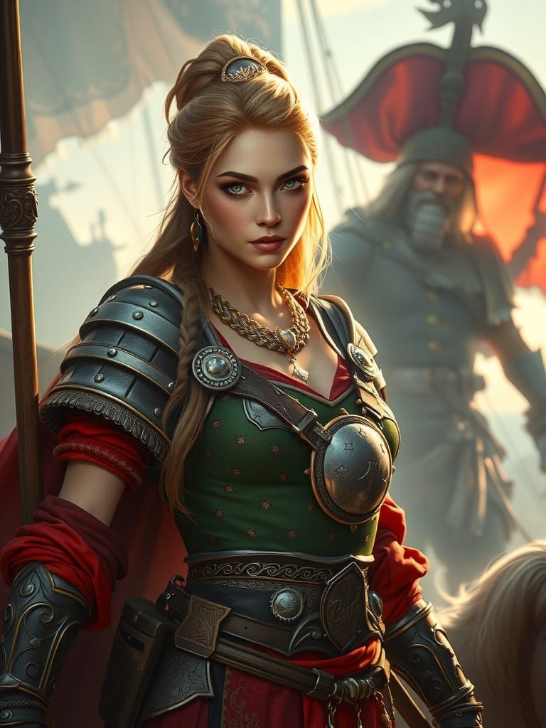 Ornate Armored Warrior in Action Painting Style