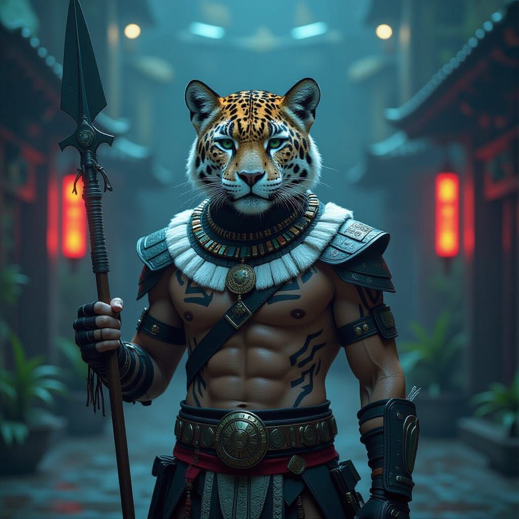 Cyberpunk Jaguar Warrior with Aztec Spear