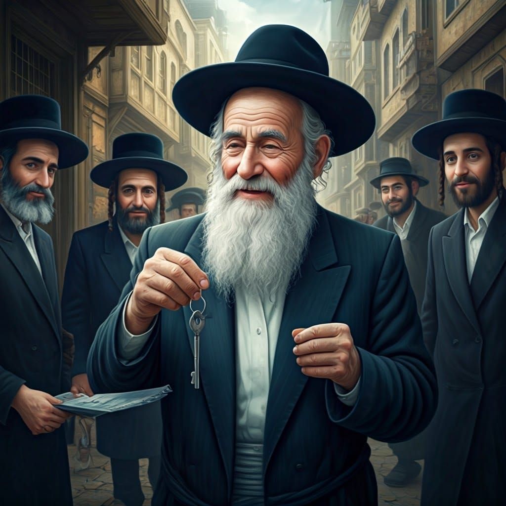 Ultra-Orthodox Jewish Man with Key, Oil Painting