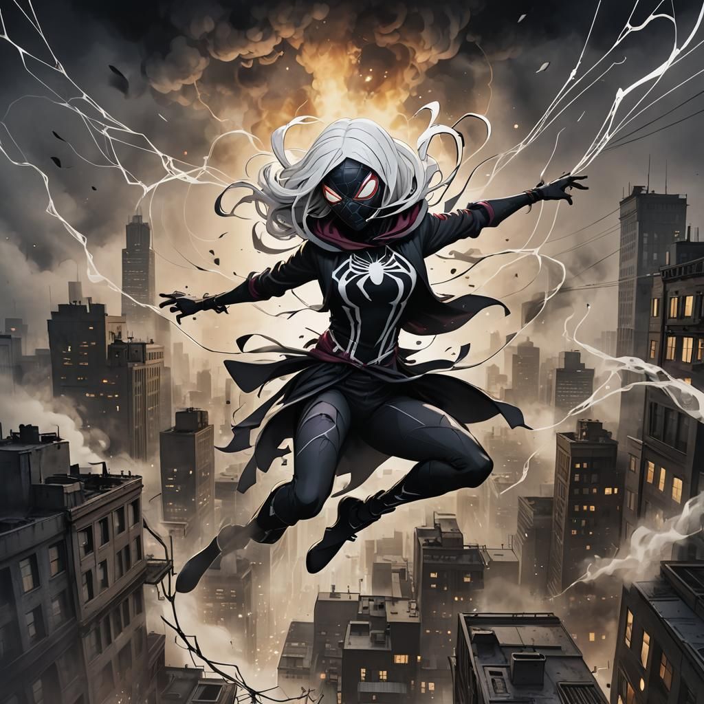 Spider-Gwen Leaps Through Dark Anime Cityscape