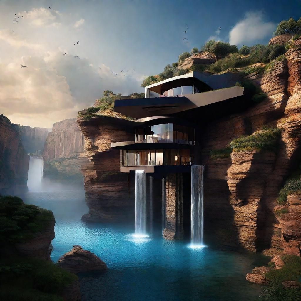 Cliffside House with Waterfall in Surreal Style