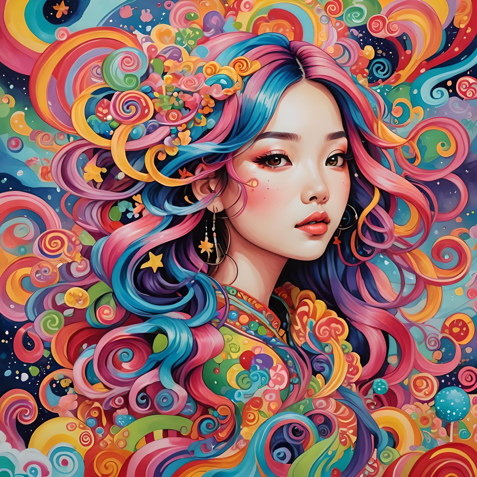 Dreamy Asian Girl Portrait in Gouache Style