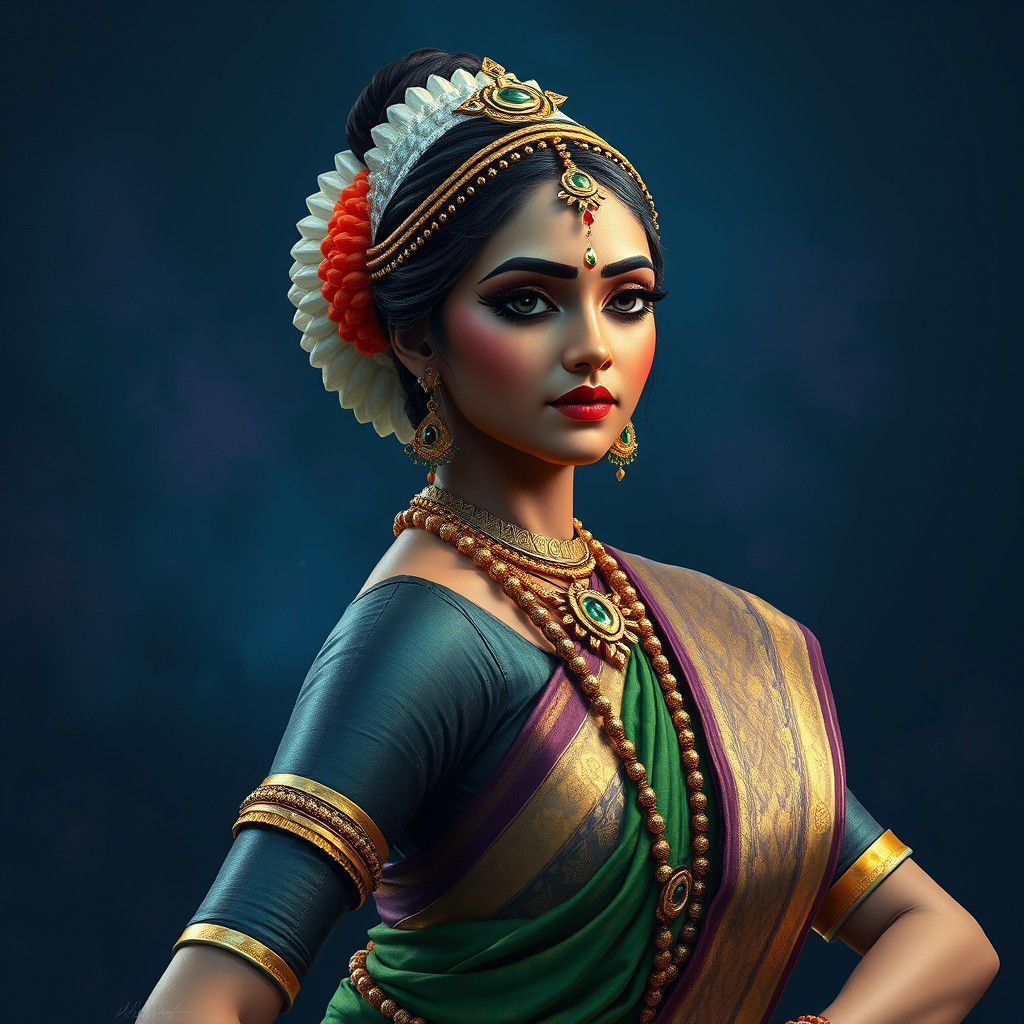 Indian Dancer in Emerald Sari: Mythical Portrait