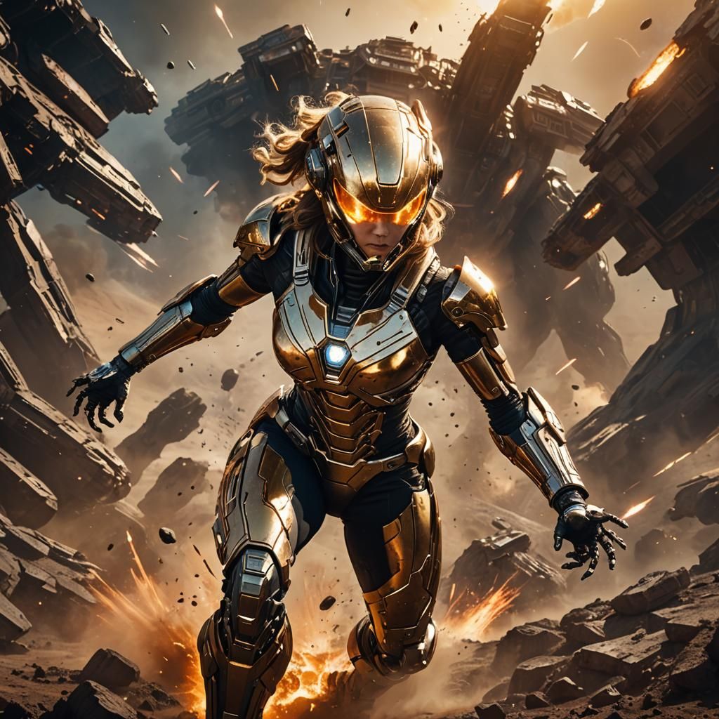 Fiery Superhero in Sci-Fi Battle Scene