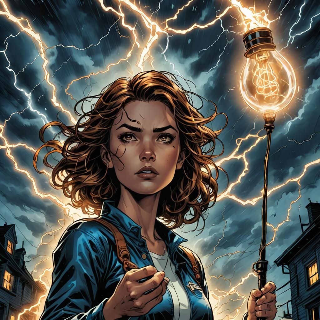 Girl with Electric Lamp in Comic Book Style