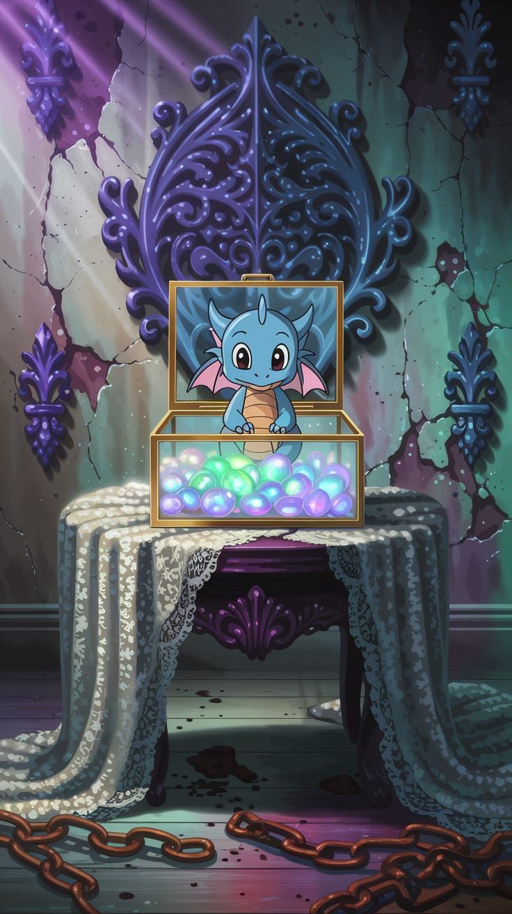 Anime Fantasy Scene: Baby Dragon in Glass Jewelry Box