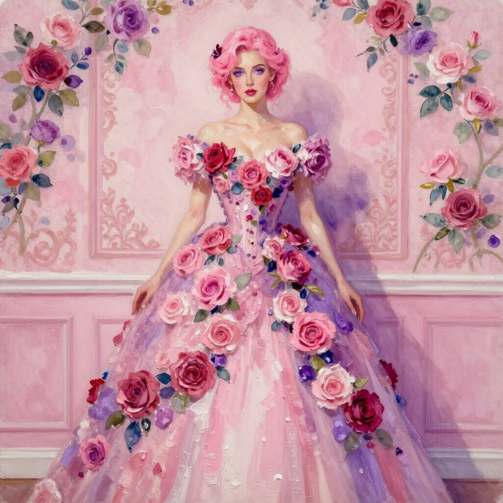 Woman in Rose Gown Poses in Floral Room