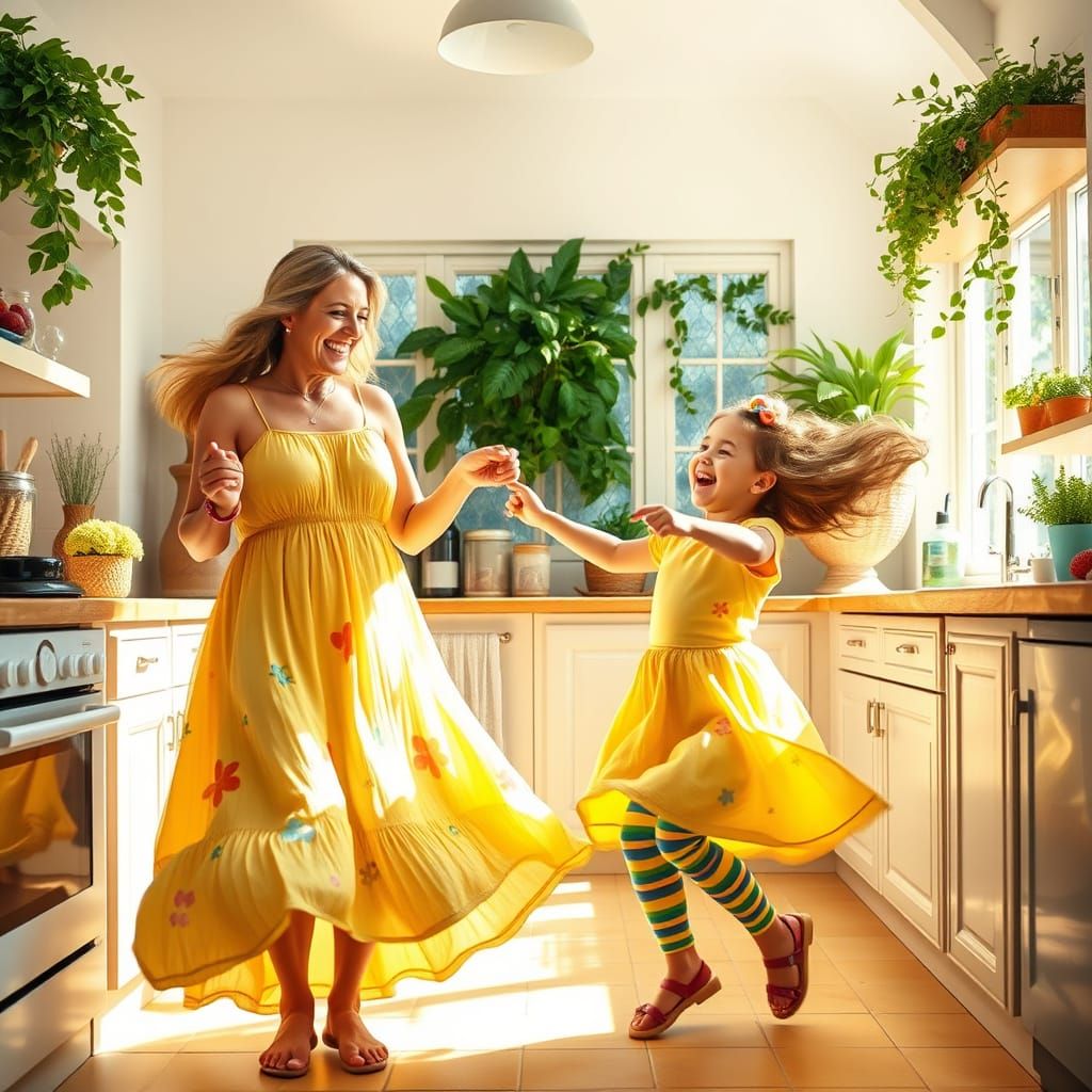 Mother and Daughter Share Joyful Dance in Vibrant Kitchen