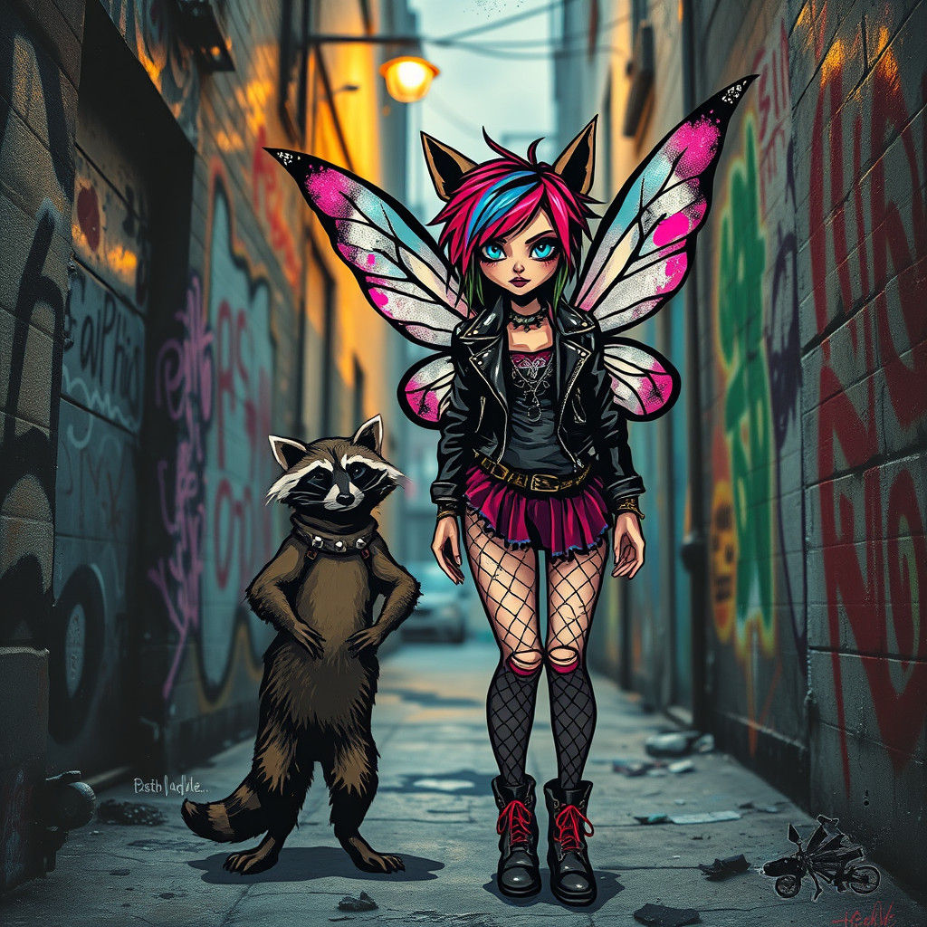 Punk Fairy Princess with Urban Raccoon Companion