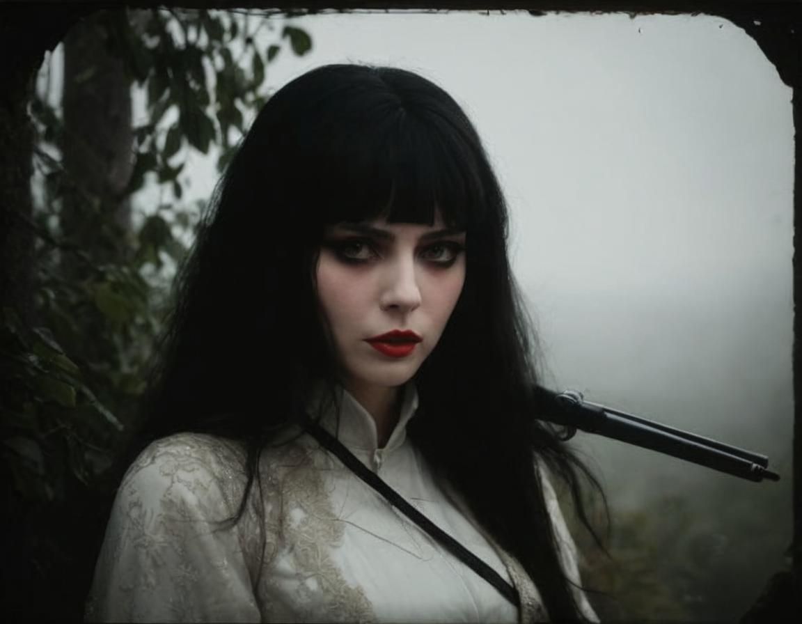 Irma Vep Portrait with Dark Eyes and Red Mouth