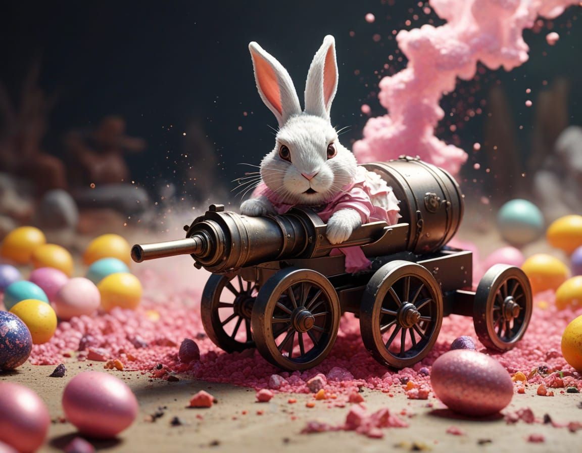 Easter Bunny's Explosive Egg Launch in Digital Art Style