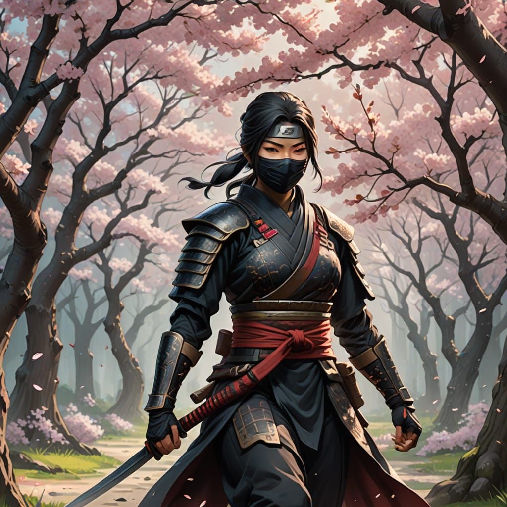 Female Ninja Warrior in Cherry Blossom Grove