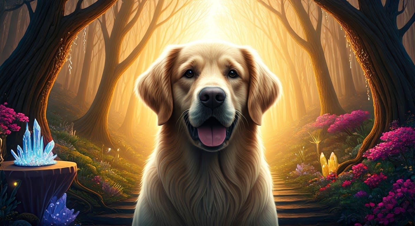 Golden Retriever Portrait in Enchanted Crystal Forest