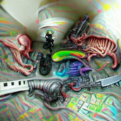 Surreal Xenomorph Scene with Holographic Graffiti