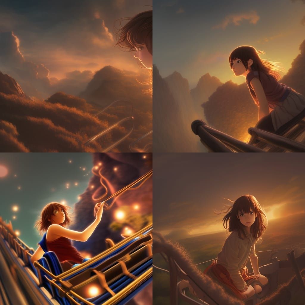 Gorgeous Girl Riding a Roller Coaster Smiling Anime