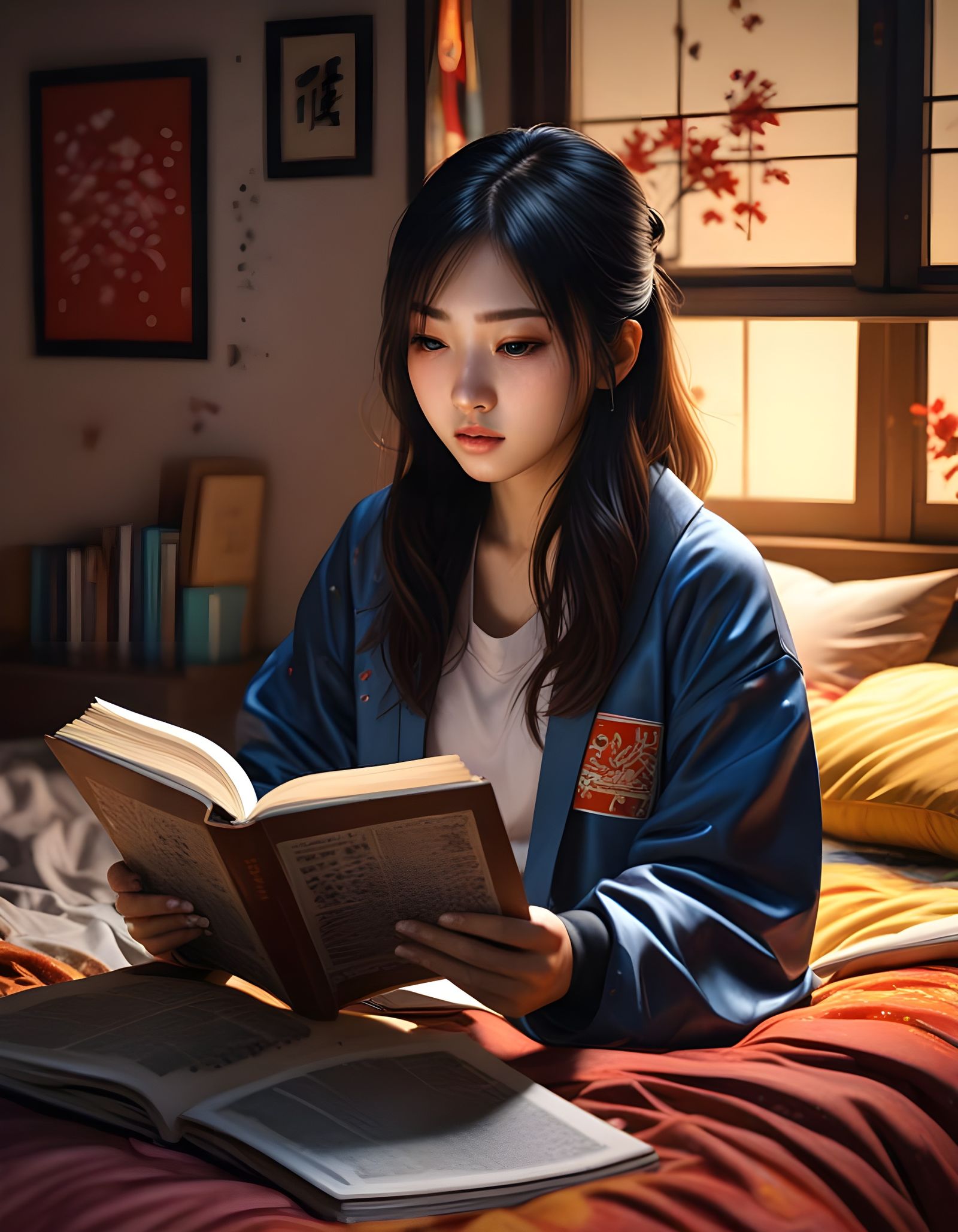 Hyperrealistic Japanese Girl Reading in Bed
