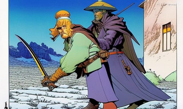 Moebius Style: Man Stabbing Woman with Blade