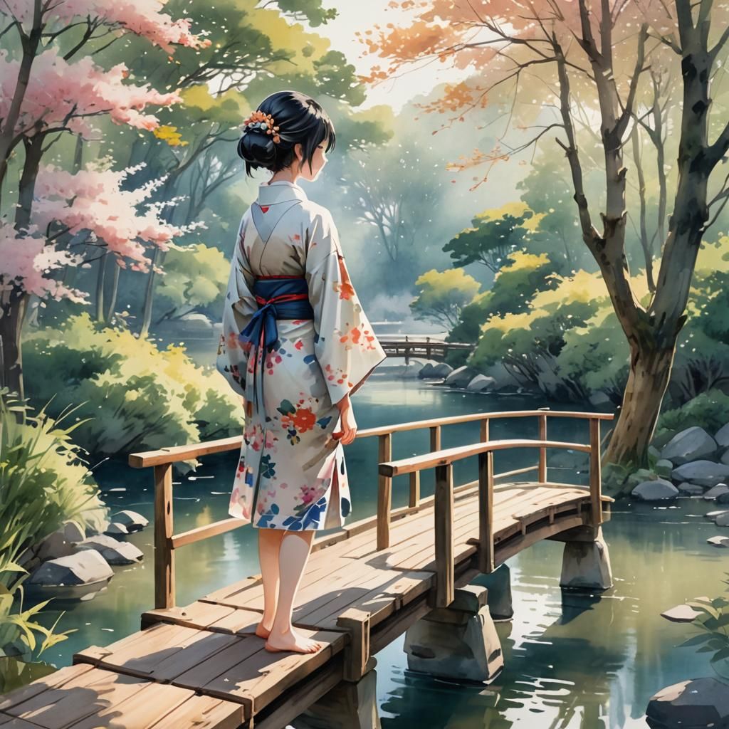 Girl in Kimono on Bridge: Watercolor Anime Art