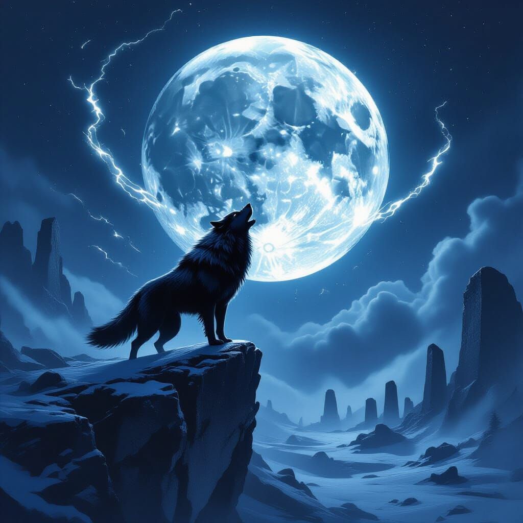 Black Moon Wolf Under Shattered Lunar Sky