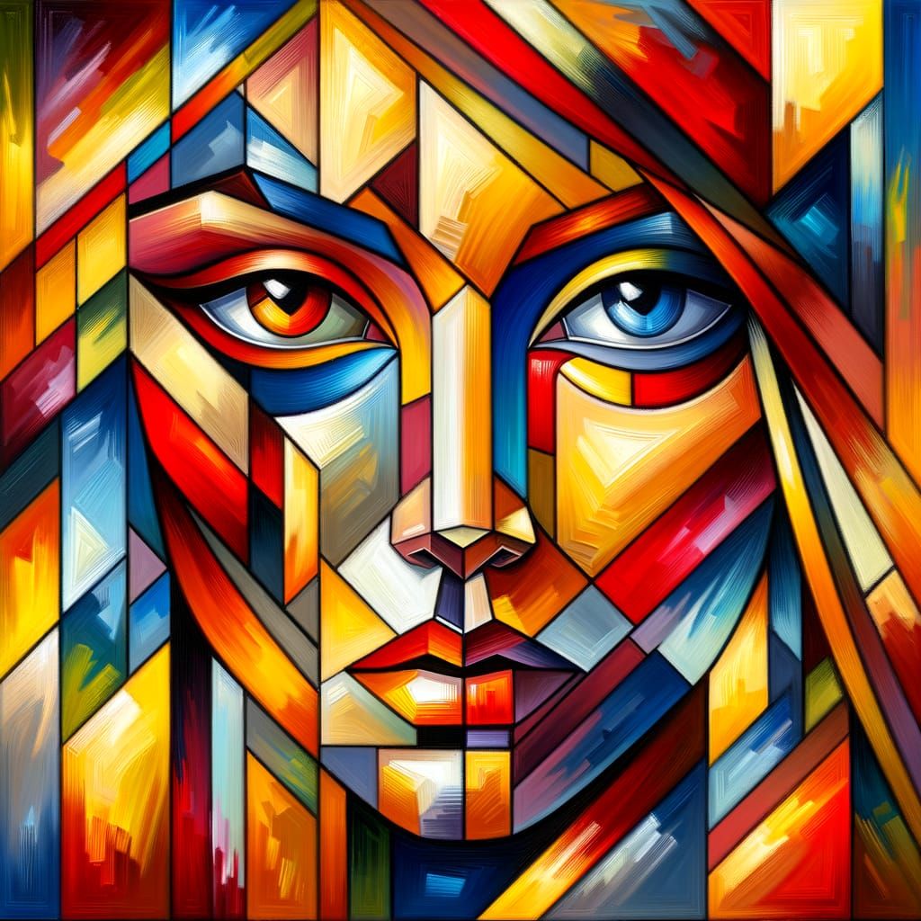 Vibrant Cubist Portrait of a Woman with Geometric Shapes and...