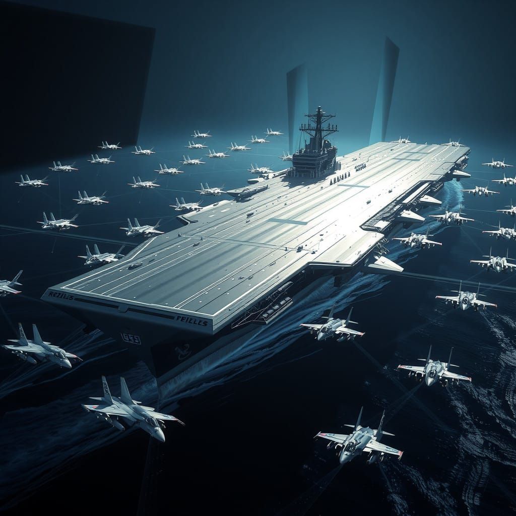 Sleek Holographic Projection of USS Ronald Reagan in Futuris...