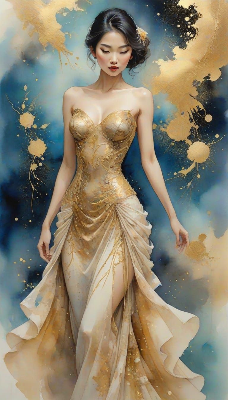 Elegant Asian Woman in Cosmic Ball Gown