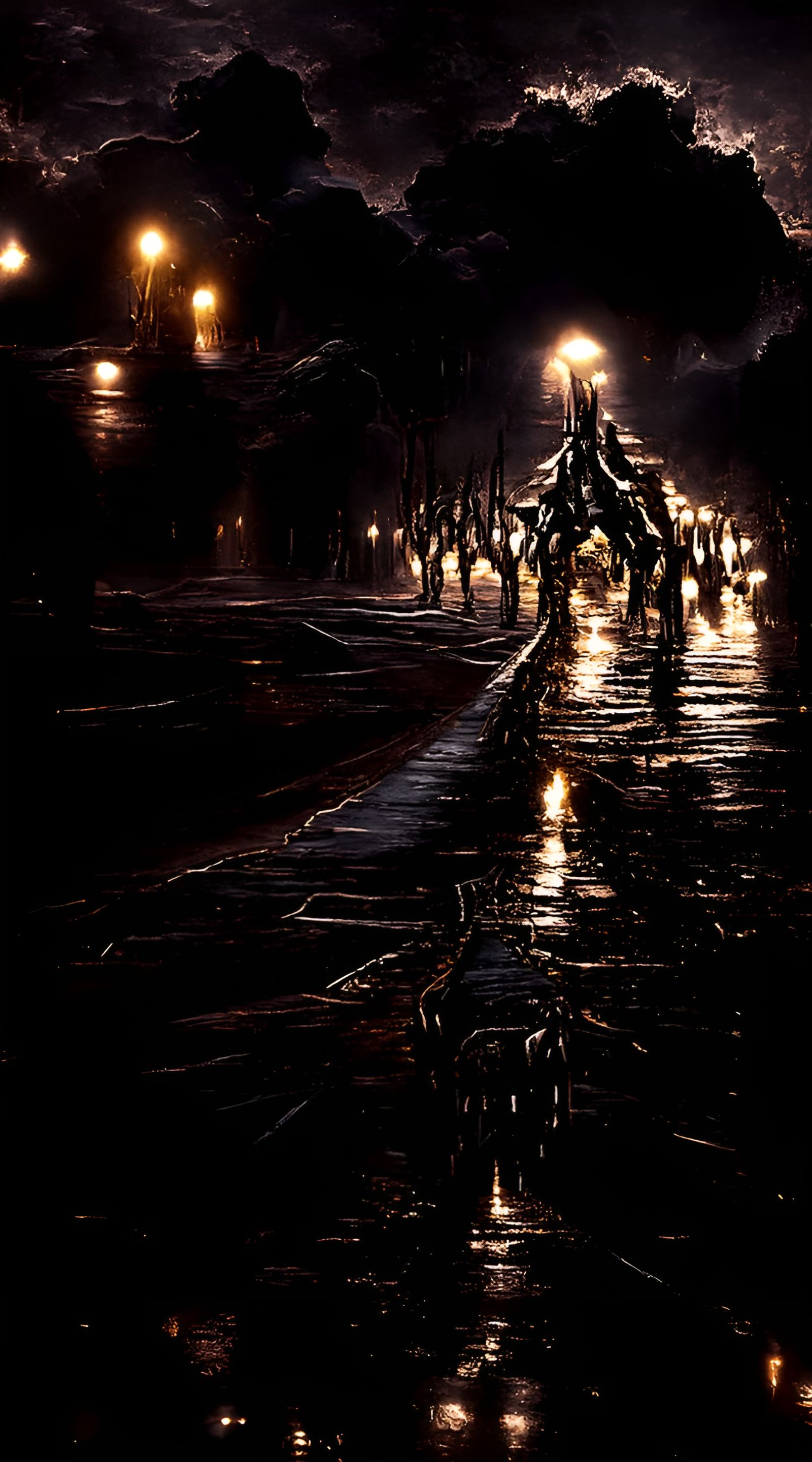 Eldritch Military Roadblock in Rainy Cityscape