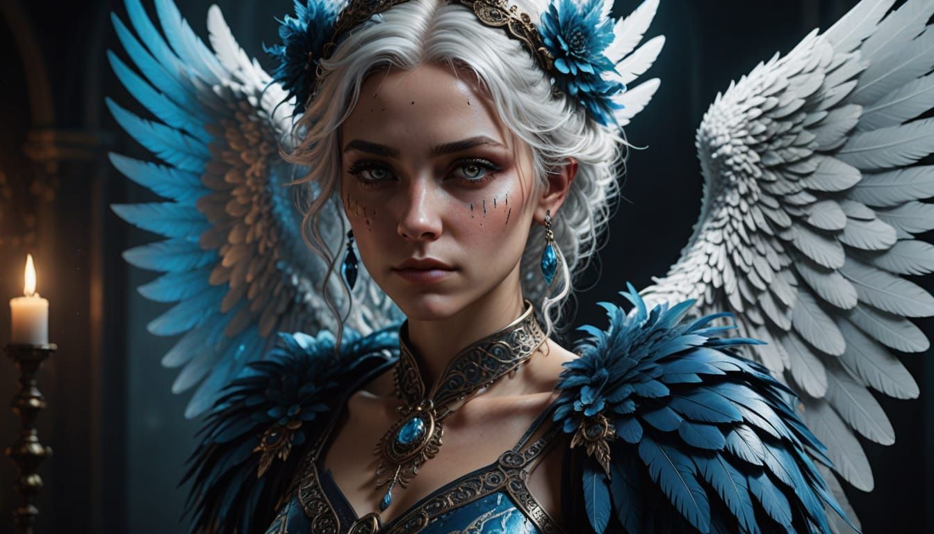 Seductive Goth Angel in Azure Robe, Glowing Feather Tattoos,...