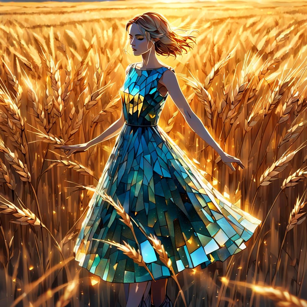 Surreal Figure in Fractured Glass Dress Amidst Golden Wheat ...