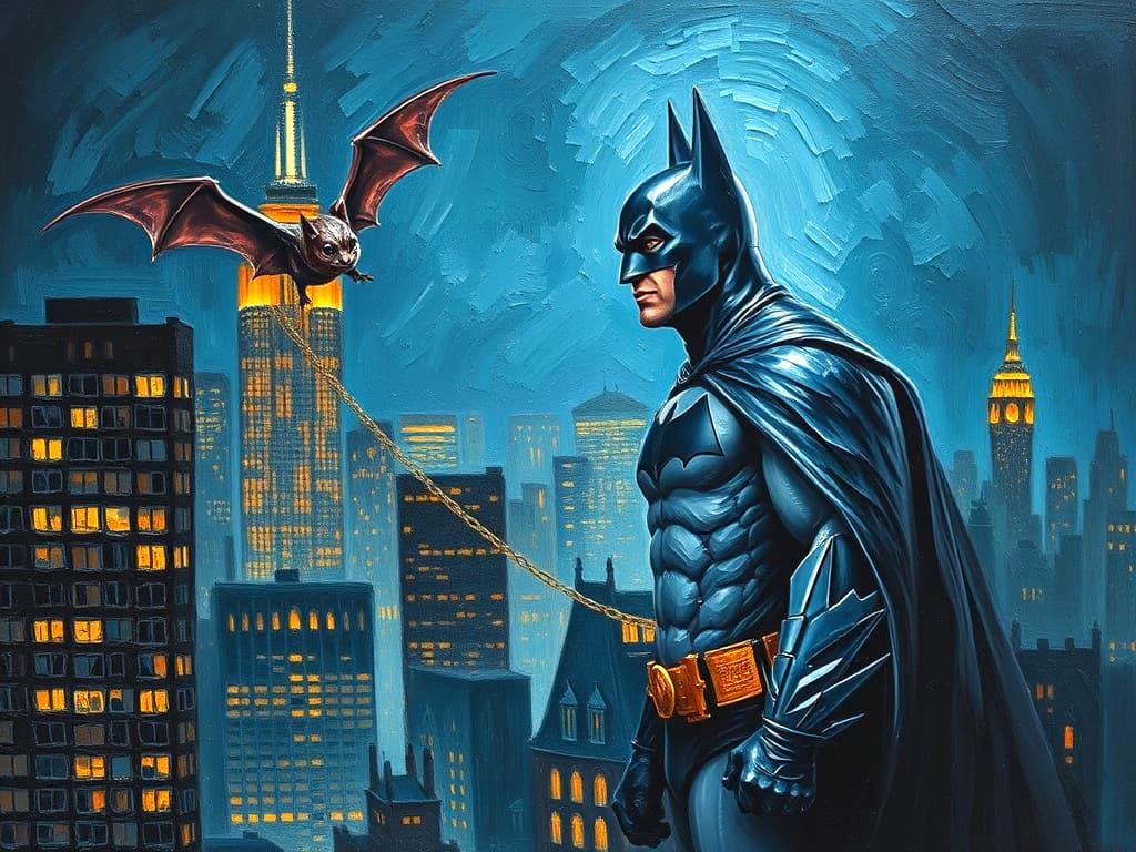 Batman Flying with Pet Bat in Oil Impasto Style